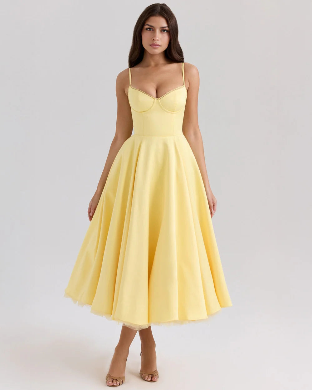 Soleil – Yellow Corset Midi Dress with Full Skirt