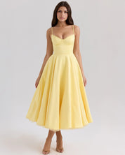 Soleil – Yellow Corset Midi Dress with Full Skirt