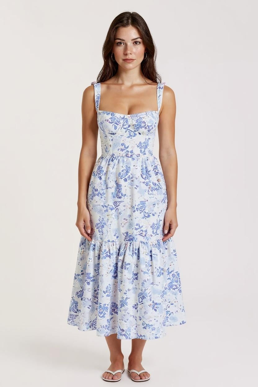 Ophélie – Blue Floral Corset Midi Dress
