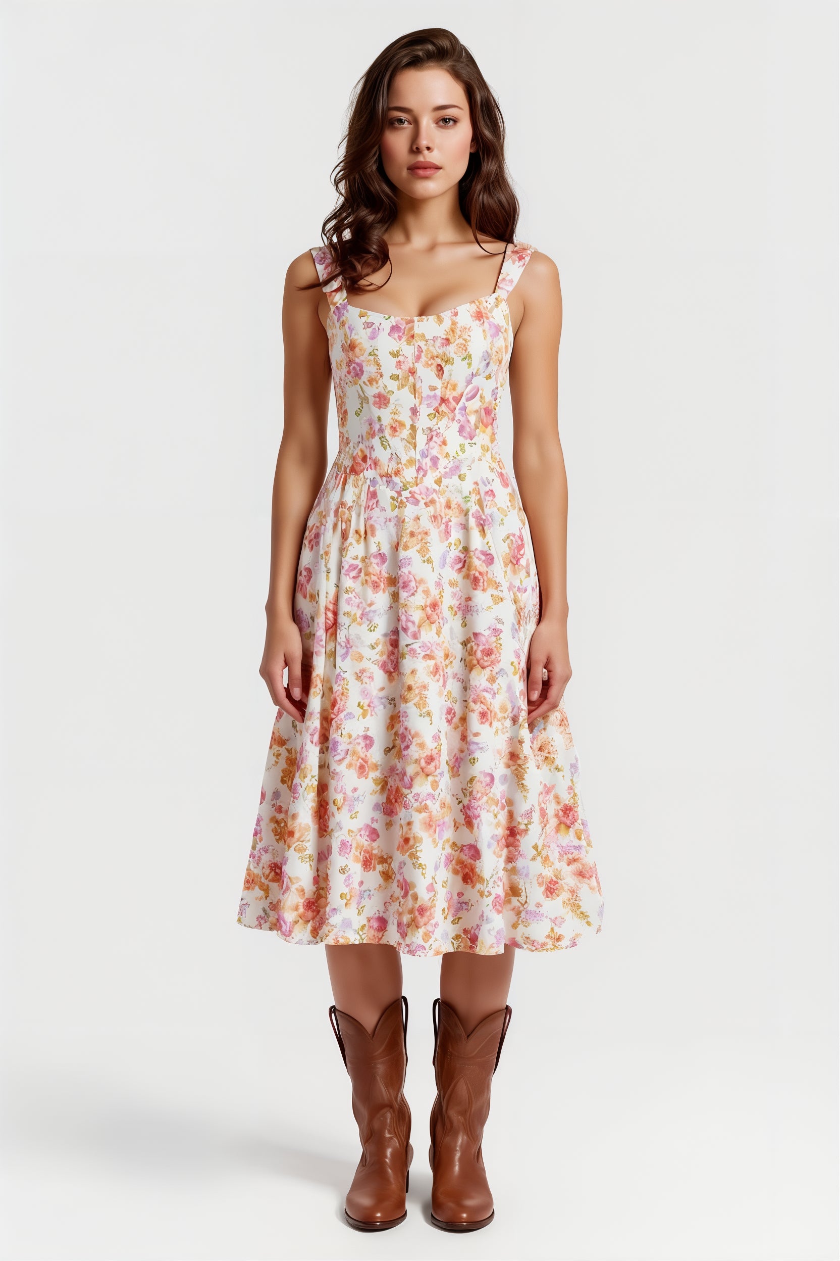 Amélie – Romantic Floral Midi Dress with Sweetheart Neckline