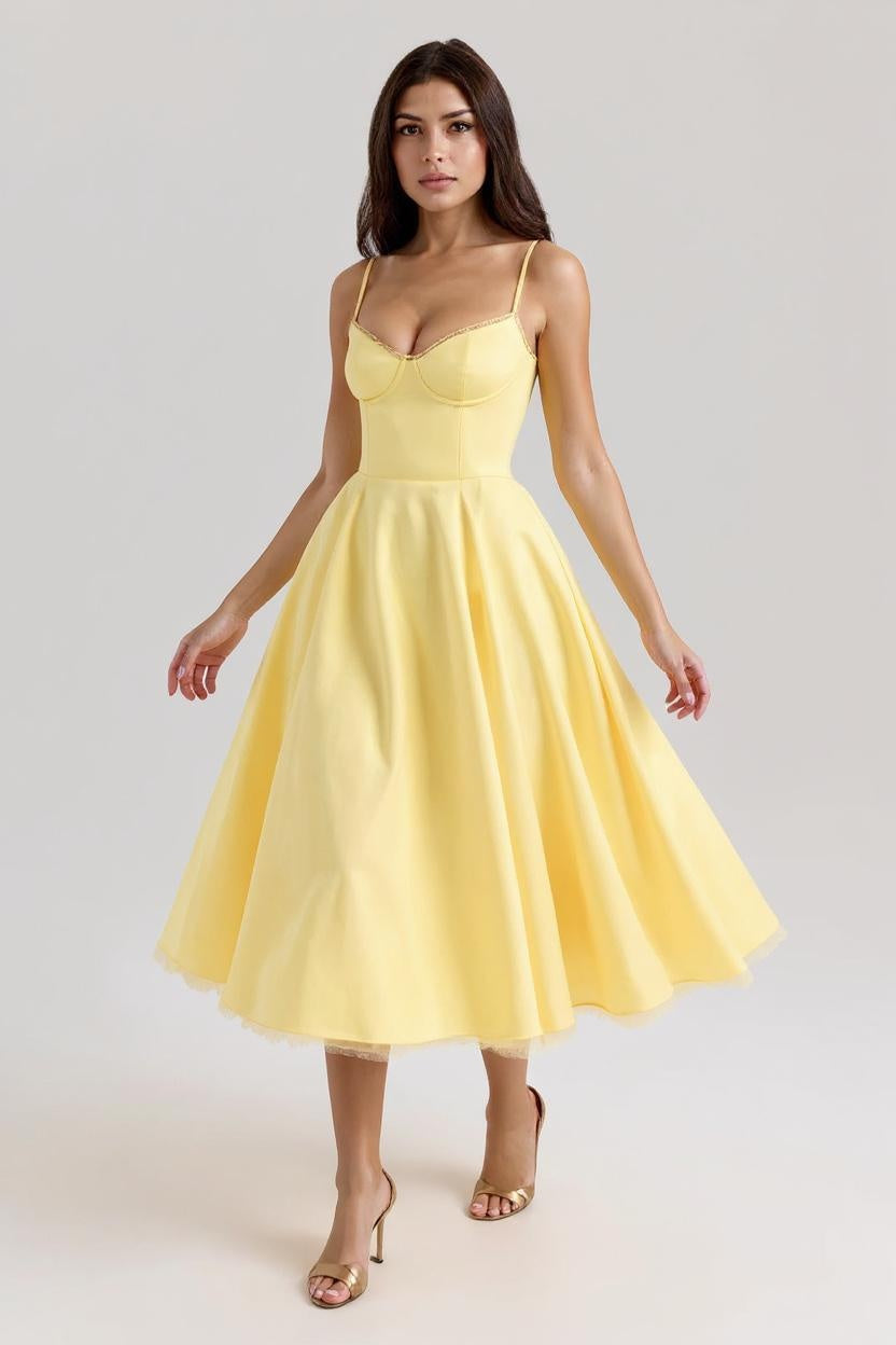 Soleil – Yellow Corset Midi Dress with Full Skirt
