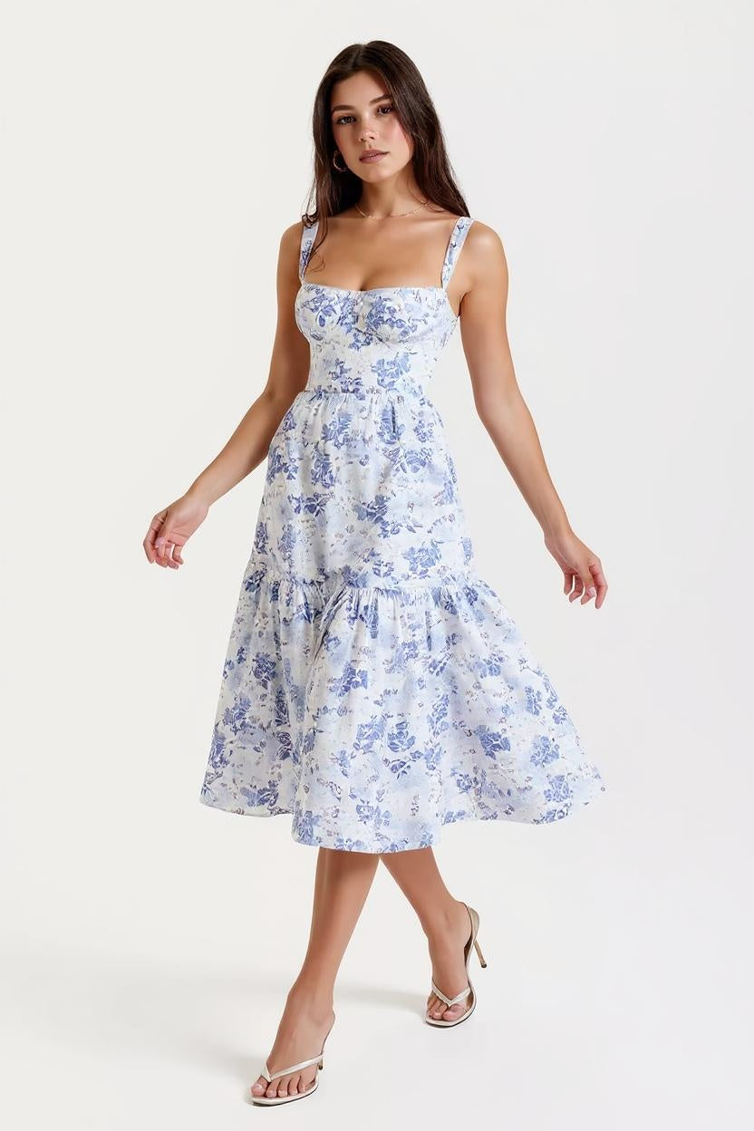 Ophélie – Blue Floral Corset Midi Dress