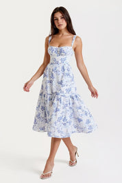 Ophélie – Blue Floral Corset Midi Dress