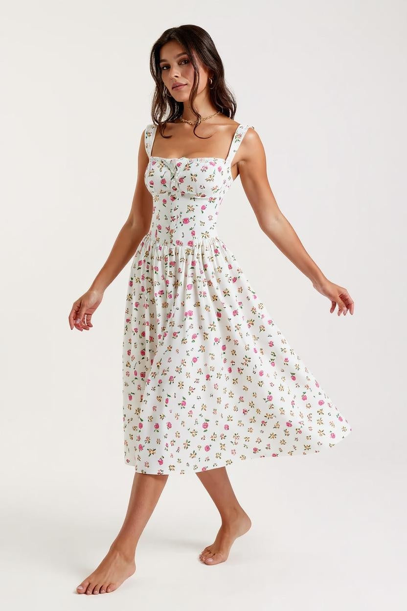 Éloïse – White Corset Floral Midi Dress